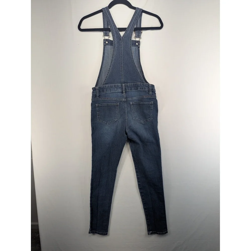 Justice Girls Dark Wash Patchwork Denim Overalls Size 14 Slim Leg Dungarees